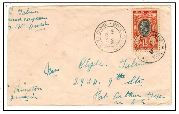 CAYMAN ISLANDS - 1937 1 1/2d rate cover to USA used at NORTH SIDE.