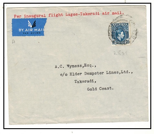 NIGERIA - 1939 first flight cover to Gold Coast.