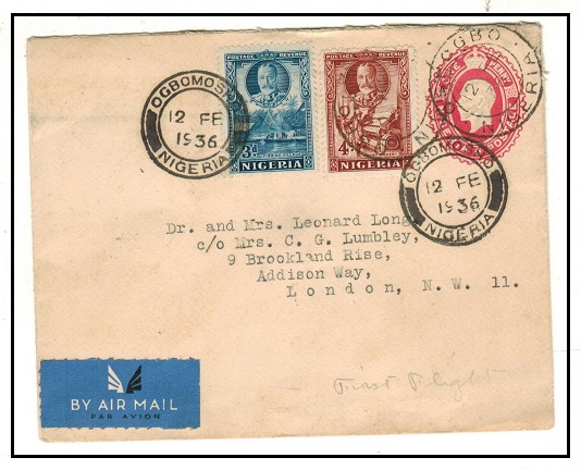 NIGERIA - 1927 1d red PSE uprated to UK at OSHOGBO taken by first flight in February 1936. H&G 1.