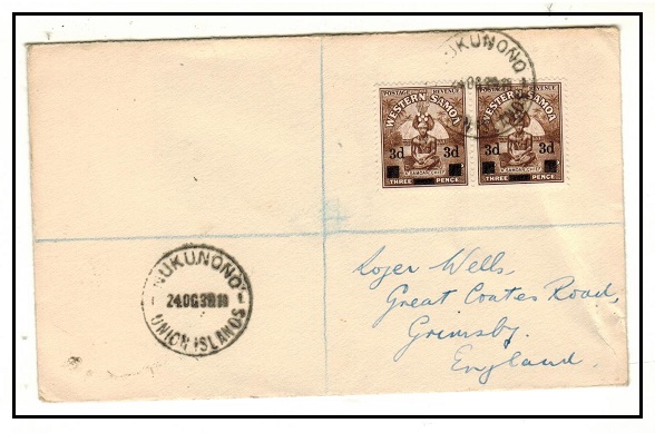 TOKELAU - 1940 3d on 1 1/2d pair registered cover to UK used at NUKUNONO/UNION ISLAND.