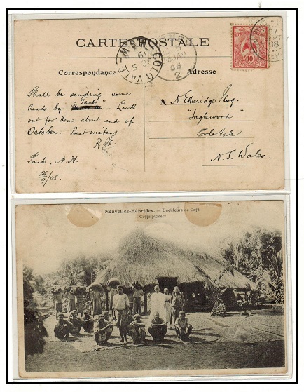 NEW HEBRIDES - 1908 10c (un-overprinted) New Caledonia adhesive use on postcard to NSW.