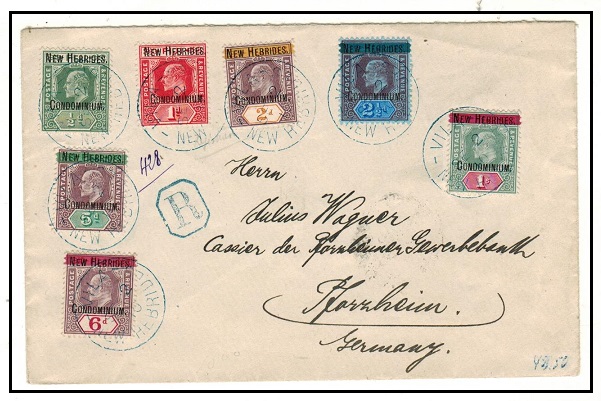 NEW HEBRIDES - 1910 series to 1/- on registered cover to Germany used at VILA and struck in blue.