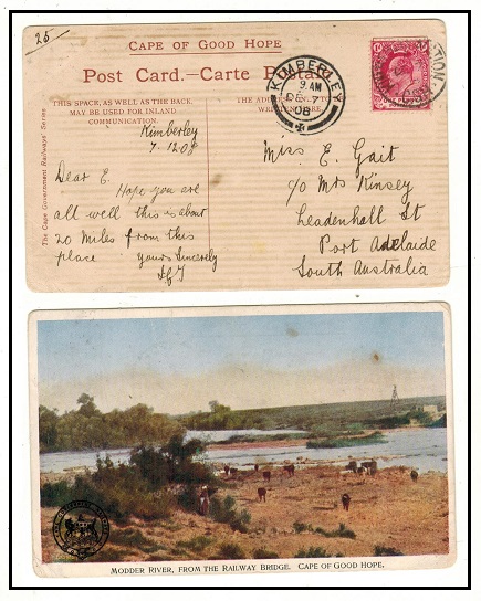 CAPE OF GOOD HOPE - 1908 1d rate postcard use to Australia used at KIMBERLEY STATION.