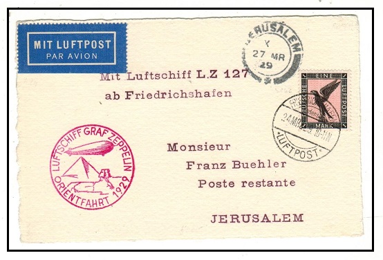 PALESTINE - 1929 incoming ZEPPELIN postcard from Germany.
