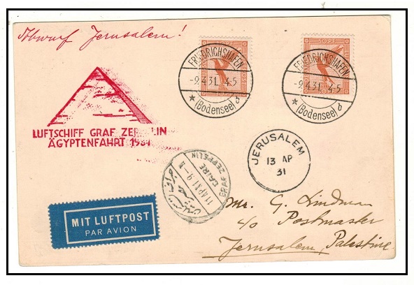PALESTINE - 1931 incoming ZEPPELIN postcard from Germany.