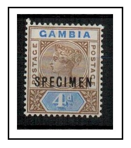 GAMBIA - 1898 4d brown and blue mint with BROKEN M in SPECIMEN handstamp.  sg 42.