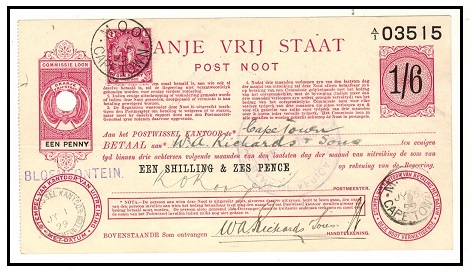 ORANGE FREE STATE - 1898 1/6d POSTAL ORDER issued at WISSEL KANTOR/BLOEMFONTEIN.  H&G 2.