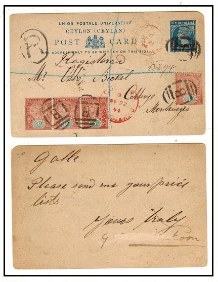 CEYLON - 1888 3c on 5c blue PSC uprated and registered to Montenegro.  H&G 20.