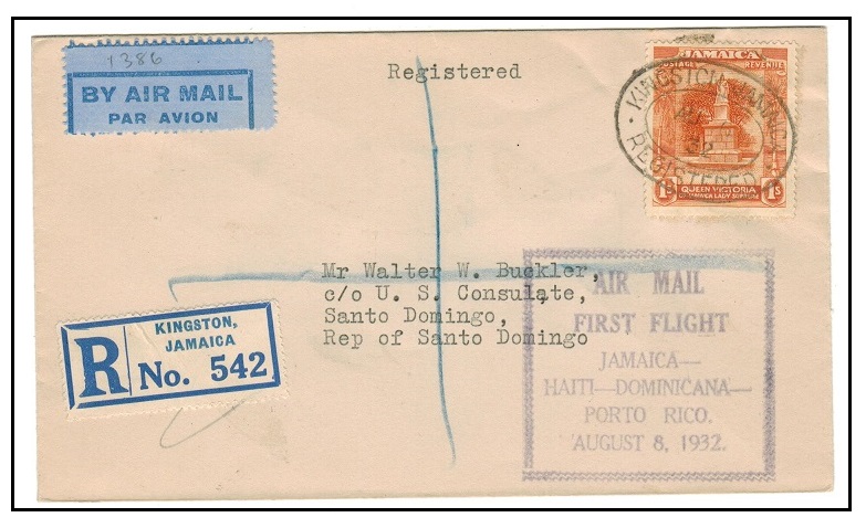 JAMAICA - 1932 first flight cover to Santo Domingo.