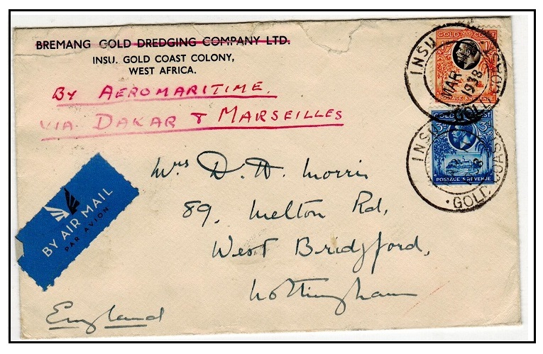 GOLD COAST - 1938 1/3d rate cover to UK used at INSU/GOLD COAST sent by 