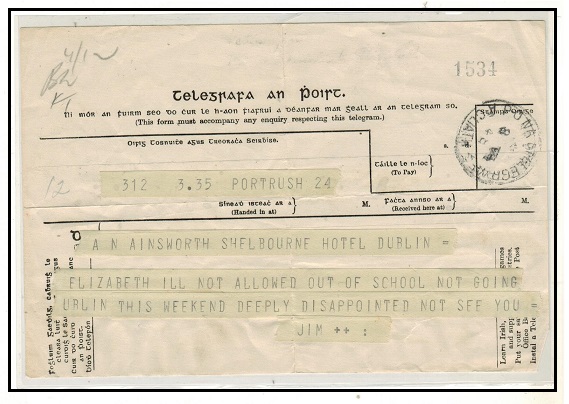 IRELAND - 1948 TELEGRAM form use cancelled P.O. NA TELEGRAM A CLIATH.