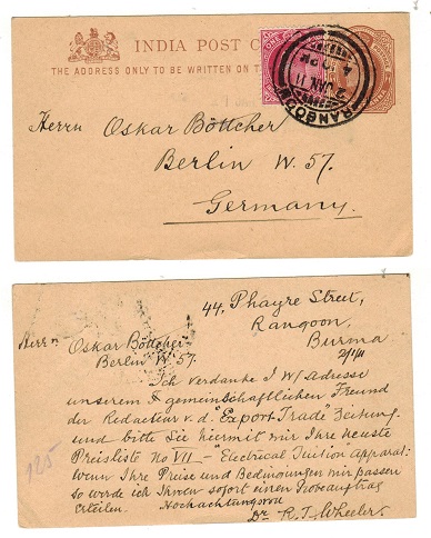 BURMA - 1902 1/4a brown PSC of India uprated to Germany used at RANGOON.  H&G 15.