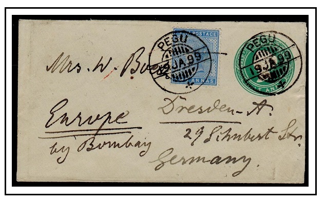 BURMA - 1899 1/2a green PSE of India uprated to Germany and used at PEGU.  H&G 4.