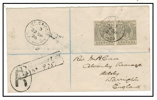 GRENADA - 1926 5d rate registered cover to UK used at ST.DAVIDS.