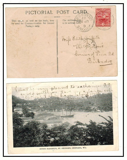 GRENADA - 1907 1d rate postcard use to Barbados used at GOUYAVE.