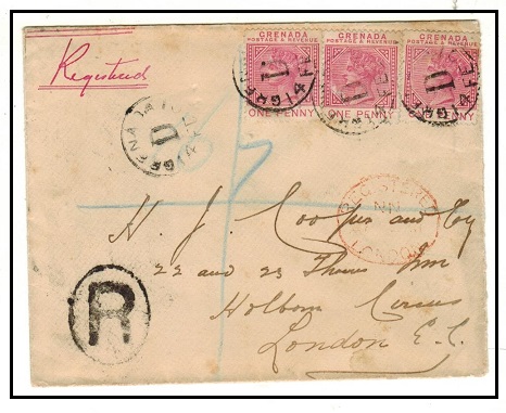 GRENADA - 1901 3d rate registered cover to UK cancelled by 