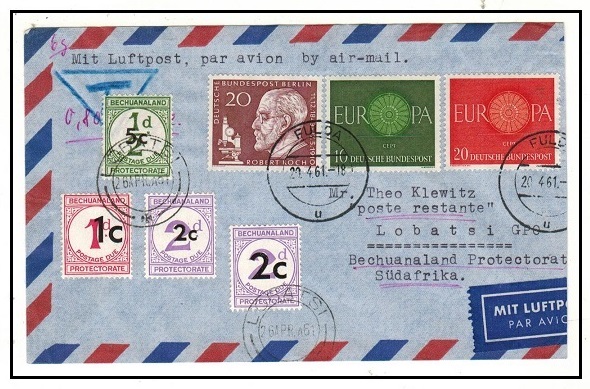 BECHUANALAND - 1961 under paid cover from Germany with surcharged 