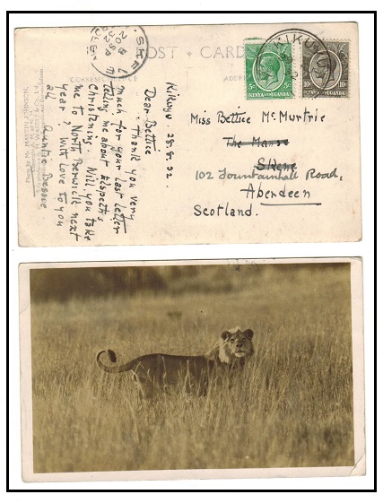 K.U.T. - 1932 15c rate postcard use to UK used at KIKUYU/KENYA.
