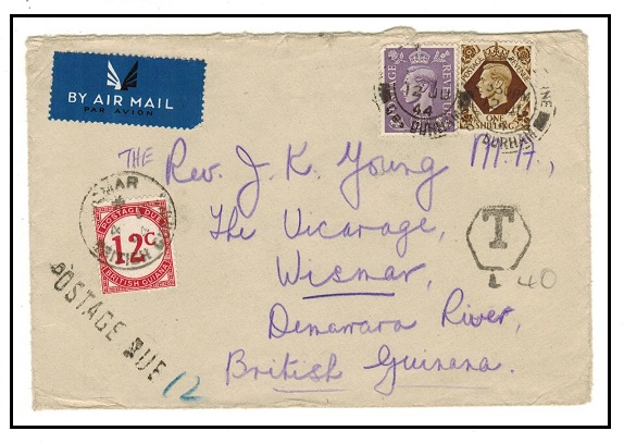 BRITISH GUIANA - 1944 inward underpaid cover from UK with 12c 