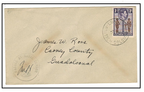 SOLOMON ISLANDS - 1944 1d rate local cover used at LUNGA with PASSED BY NAVAL CENSOR h/s.