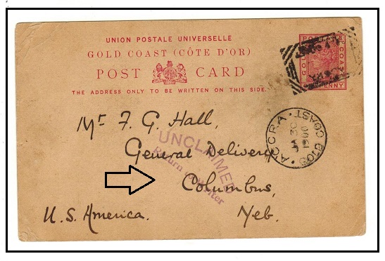 GOLD COAST - 1891 1d carmine PSC to USA with boxed ACCRA cancel and UNCLAIMED strike applied.