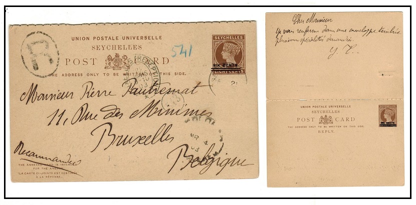 SEYCHELLES - 1902 6c+6c on 8c+8c brown PSRC registered to Belgium. H&G 8.