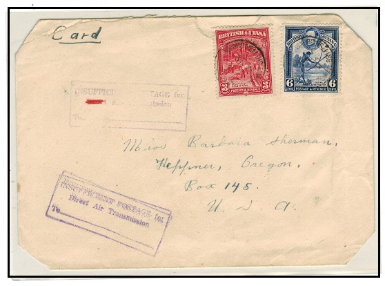 BRITISH GUIANA - 1950 (circa) 9c rate cover to USA struck INSUFFICIENT POSTAGE... h/s.