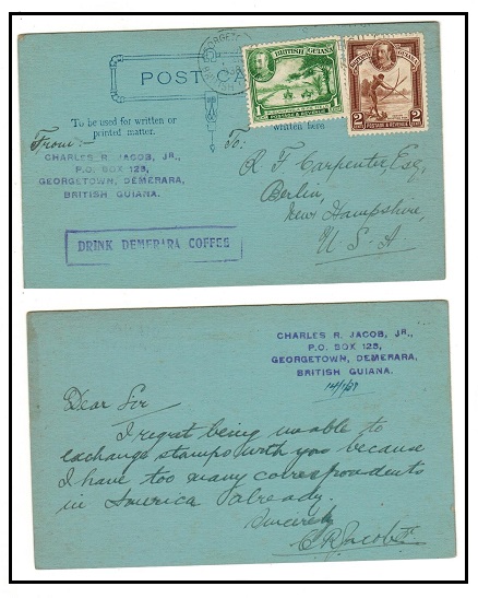 BRITISH GUIANA - 1938 3c rate postcard use to USA struck DRINK DEMERARA COFFEE.