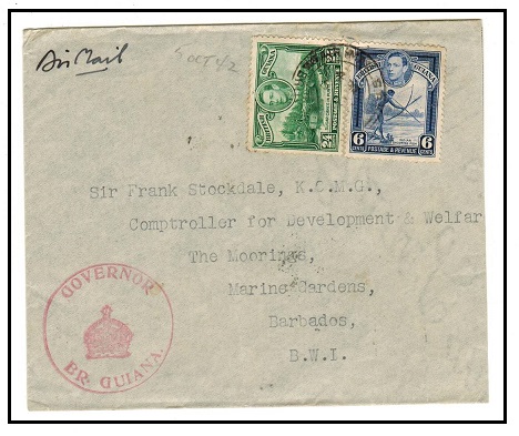 BRITISH GUIANA - 1942 30c rate inter-island cover to Barbados struck GOVENOR/BR.GUIANA in red.