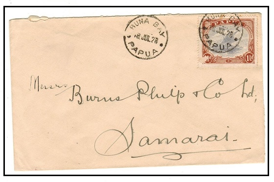 PAPUA - 1928 1 1/2d rate local commercial cover used at BUNA BAY.