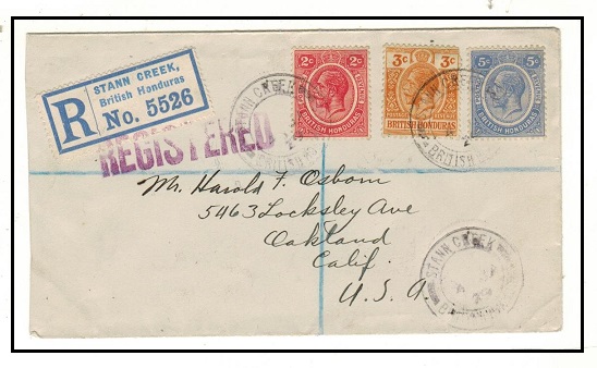 BRITISH HONDURAS - 1929 10c rate registered cover to USA used at STANN CREEK.