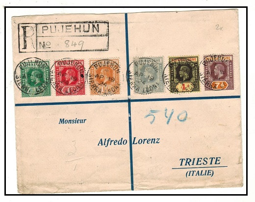 SIERRA LEONE - 1924 multi franked registered cover to Italy used at PUJEHUN.