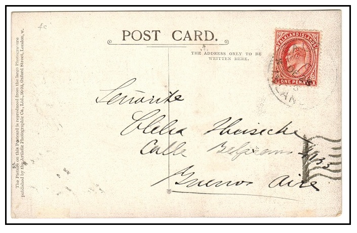 FALKLAND ISLANDS - 1906 1d rate postcard use to Argentina used at FALKLAND ISLANDS.