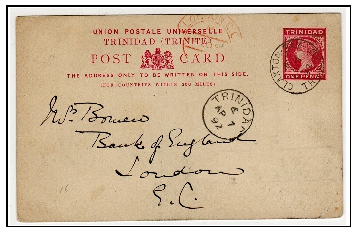 TRINIDAD AND TOBAGO - 1884 1d carmine PSC to UK used at CLAXTON BAY.  H&G 3.