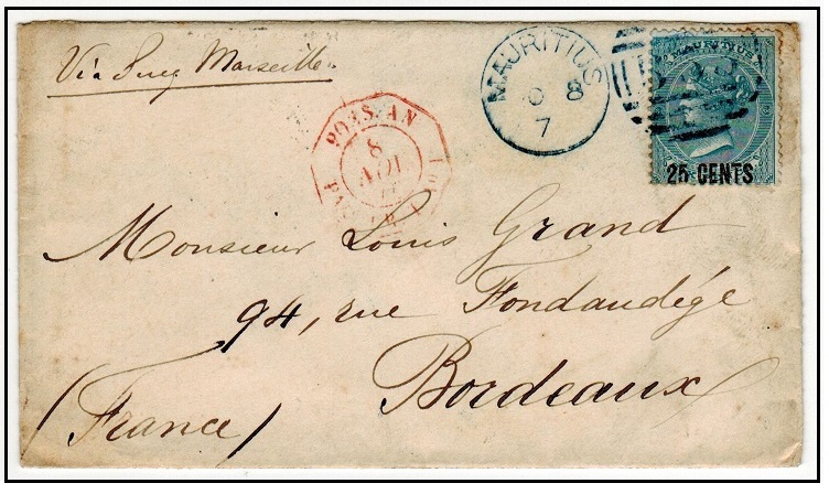 MAURITIUS - 1878 25c on 6d surcharge cover to France cancelled 
