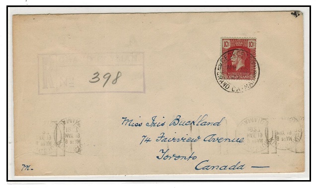 CAYMAN ISLANDS - 1927 registered cover to UK bearing 10/- used at GEORGETOWN.