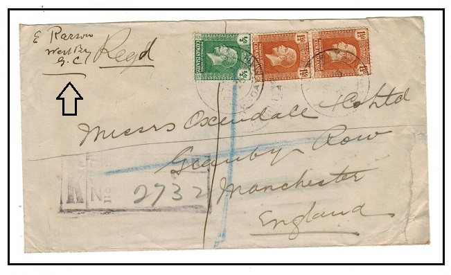 CAYMAN ISLANDS - 1926 3 1/2d rate registered cover to UK used at WEST BAY.
