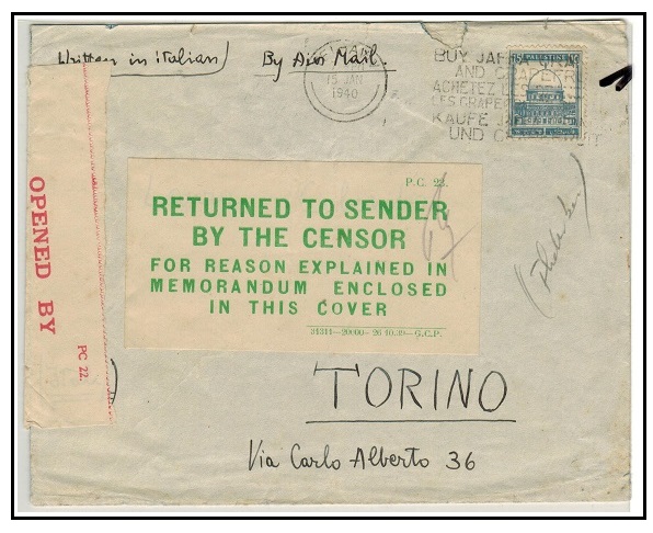 PALESTINE - 1940 cover to Italy with scarce 