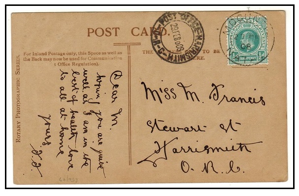NATAL - 1908 1/2d rate local postcard use used at MOGUNTIA.