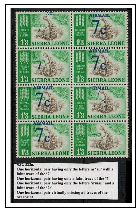 SIERRA LEONE - 1964 7c on 1/3d U/M block of 8 with varying degrees of MISSING OVERPRINT.  SG 322a.