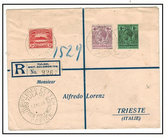 SOLOMON ISLANDS - 1928 1/7d rate registered cover to Italy used at TULAGI with scarce 1d small canoe