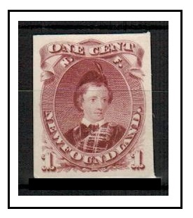 NEWFOUNDLAND - 1868 1c (SG type 12) IMPERFORATE PLATE PROOF in reddish lake purple.