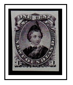 NEWFOUNDLAND - 1868 1c (SG type 12) IMPERFORATE PLATE PROOF in dull purple.