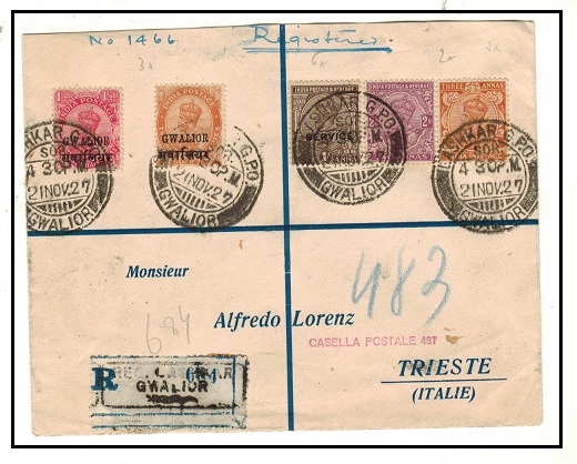 INDIA (Gwalior) - 1927 multi franked registered cover addressed to Italy used at LASHKAR in Gwalior.