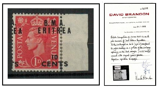 B.O.F.I.C. (Eritrea) - 1948 10c on 1d pale scarlet mint (crease)  with MISPLACED OVERPRINT.  SG E2.