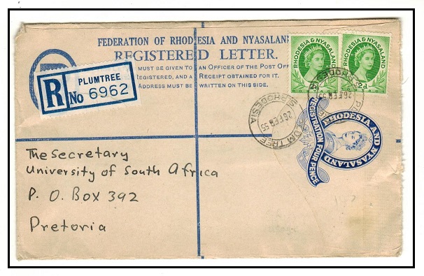 RHODESIA AND NYASALAND - 1955 4d ultramarine RPSE (size G) uprated to Pretoria used at PLUMTREE.