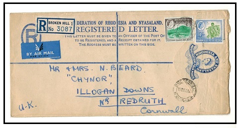 RHODESIA AND NYASALAND - 1955 4d ultramarine RPSE (size H2) to UK uprated at BROKEN HILL.  H&G 1a.