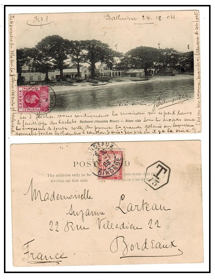 GAMBIA - 1904 underpaid postcard to France with 