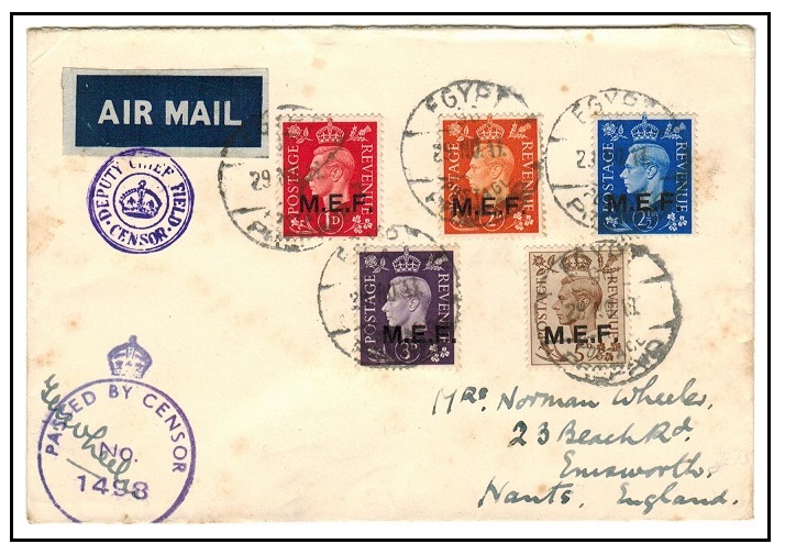 B.O.F.I.C. (MEF) - 1943 censored cover to UK with dark colour set cancelled 