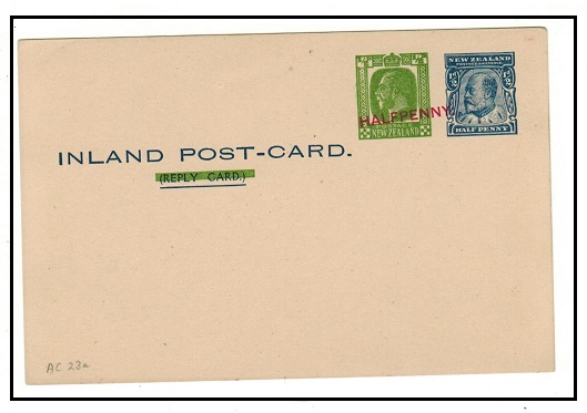 NEW ZEALAND - 1907 REPLY 1/2d red overprint on 1/2d+1/2d combination PSC unused. 